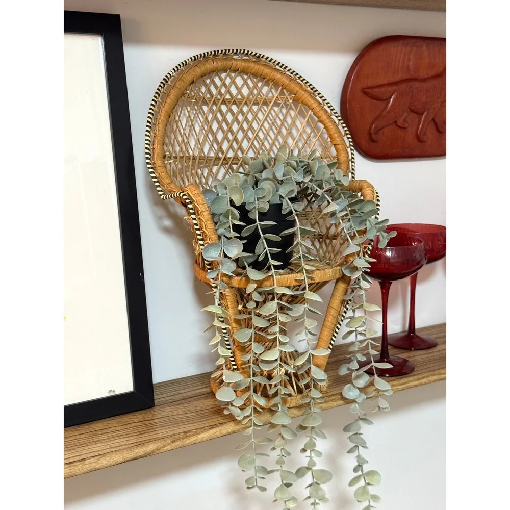 Vintage Mini Peacock Chair Wicker Rattan Boho Doll Plant Display